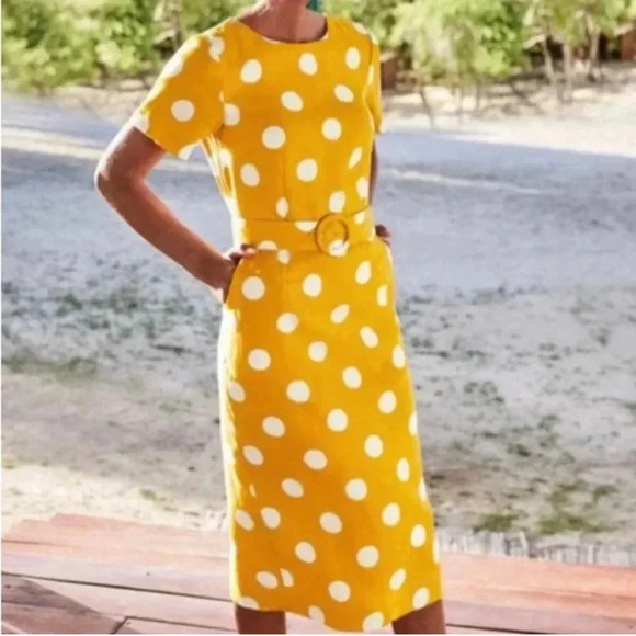 Boden Hazel Polka Dot Belted Linen Midi Dress In Tuscan Sun Spot 12 R - Picture 1 of 10